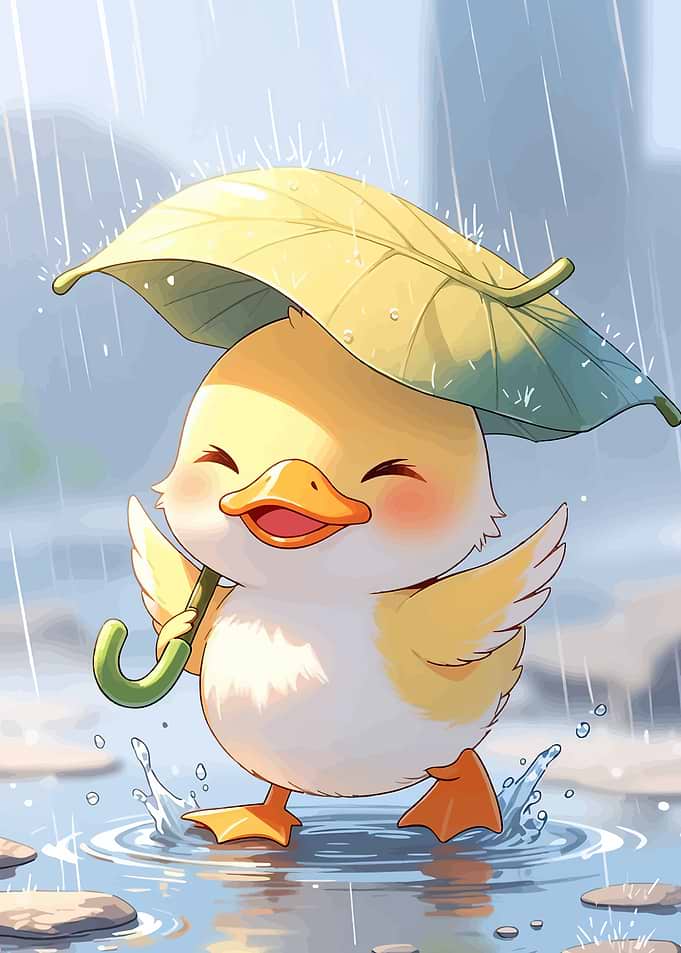 Cute duckling with leaf umbrella in rain