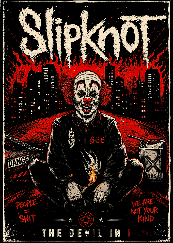 Slipknot Clown in Fiery Cityscape