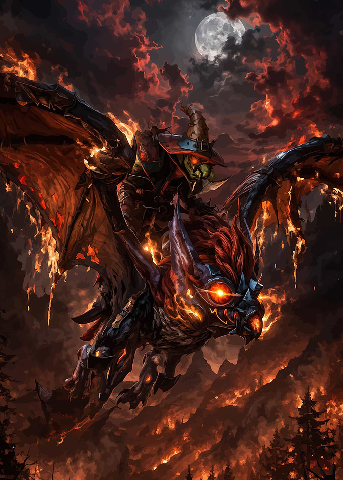 Goblin Riding a Fiery Griffin