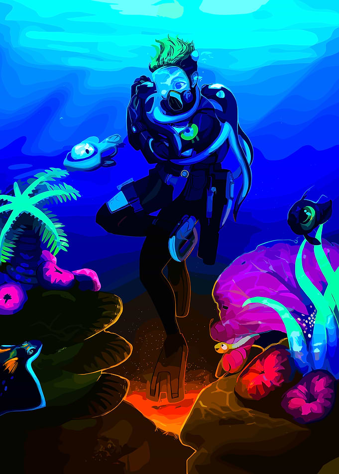 Scuba Diver in Neon Underwater World