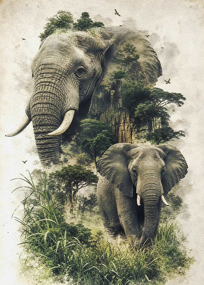 Elephants in a Lush Forest Landscape