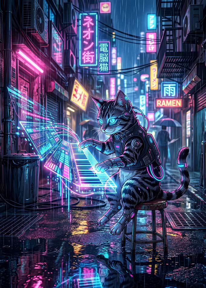 Cyberpunk Cat Playing Holographic Piano