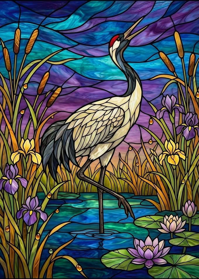 Stained Glass Crane in Water Lilies