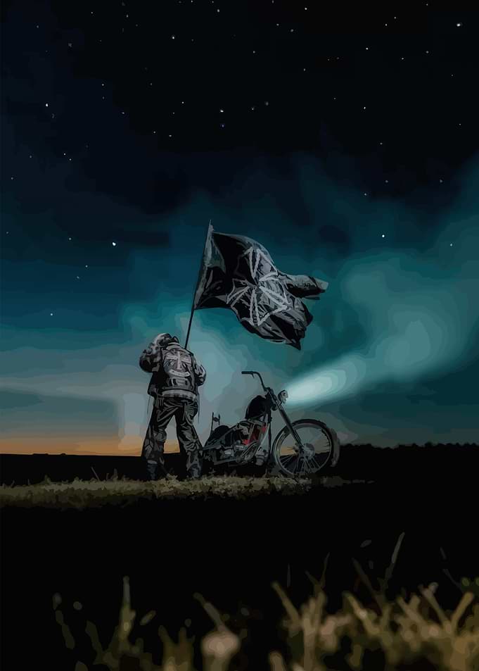 Biker with Flag and Motorcycle at Night
