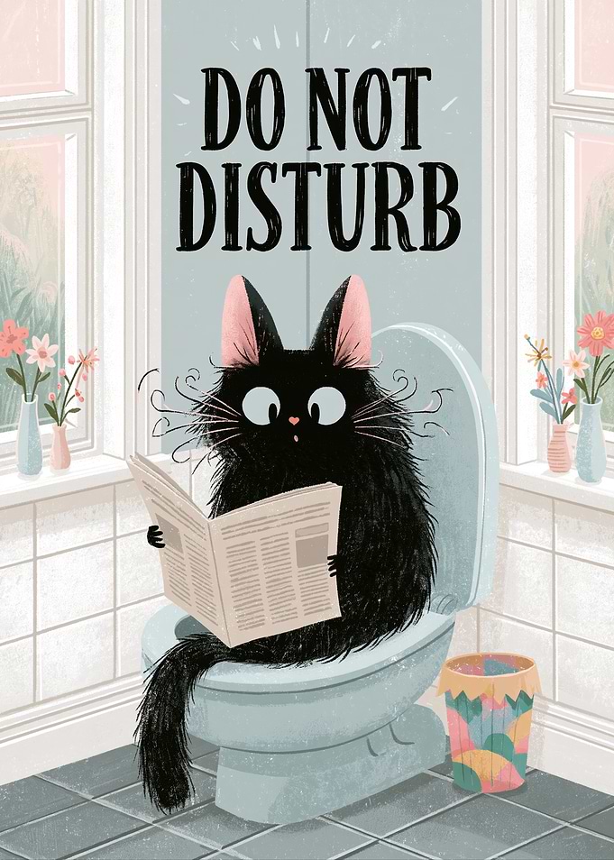 Black Cat Reading Newspaper on Toilet