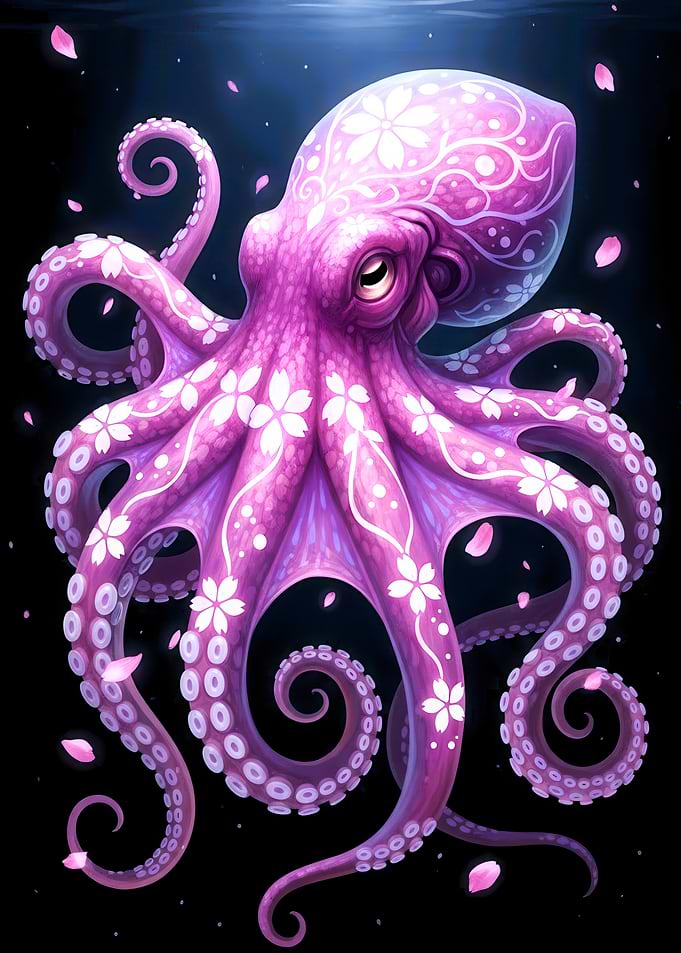 Pink Octopus with Cherry Blossoms