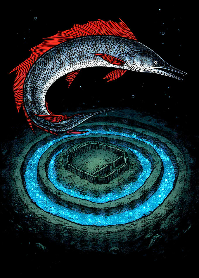 Mythical Sea Creature Over Ancient Ruins