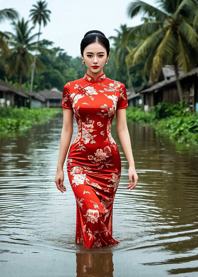 Woman in Red Cheongsam Walking in Water