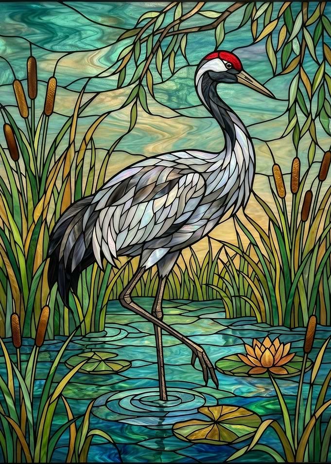 Stained Glass Crane in Water