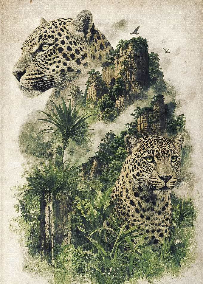 Leopards in a Misty Mountain Jungle