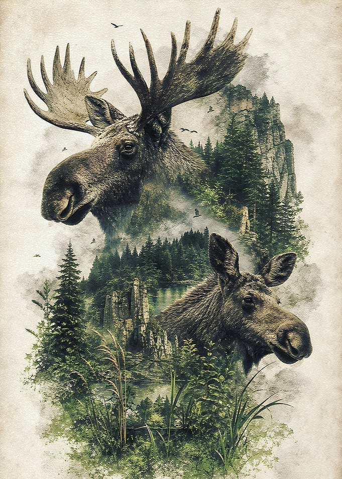 Majestic Moose in Misty Forest Landscape
