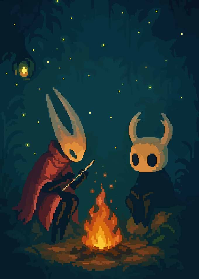 Hollow Knight characters by campfire