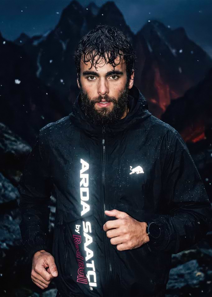 Athlete running in a stormy mountain landscape