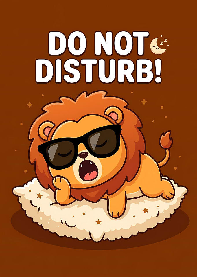 Cute cartoon lion sleeping on cloud with sunglasses and 'Do Not Disturb'