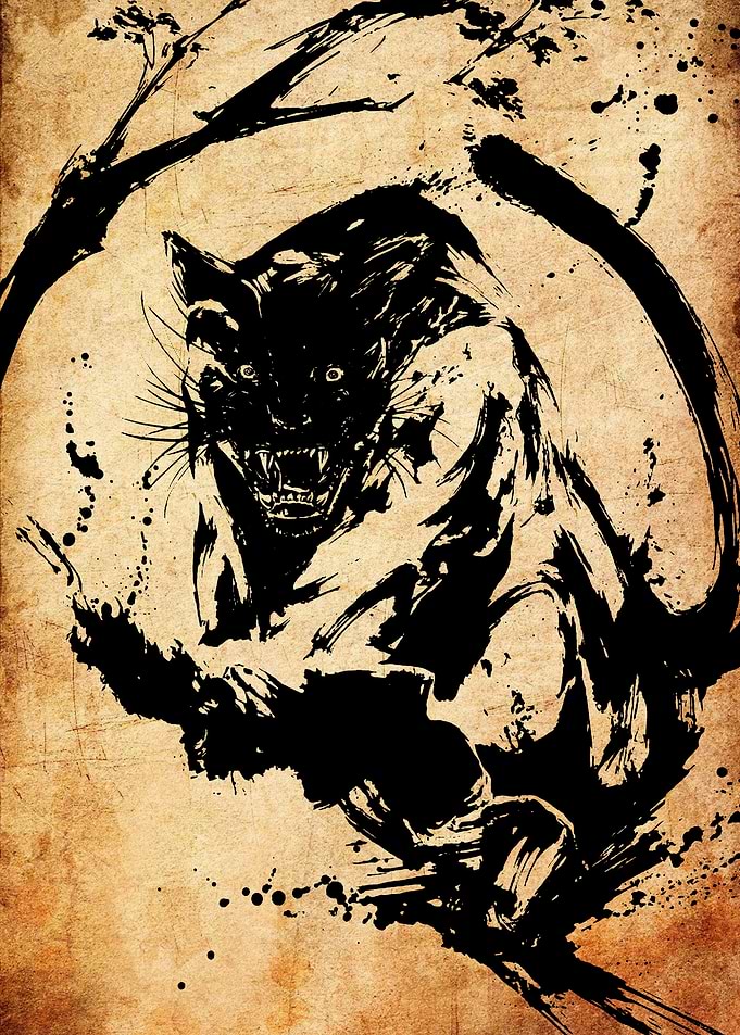 Aggressive Black Panther Ink Painting
