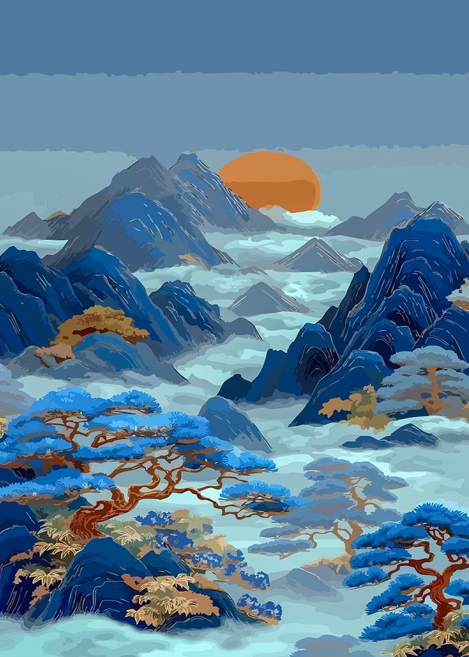 Misty Mountain Landscape with Sun