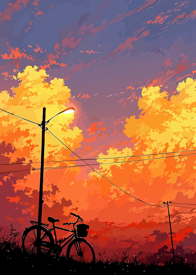 Anime Sunset with Bicycle and Lamp Post