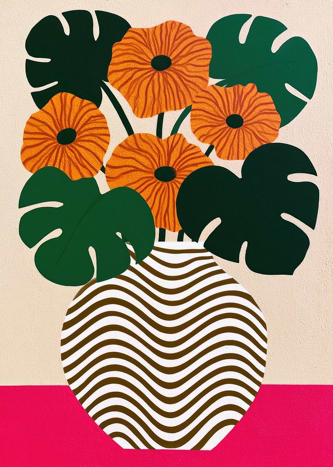 Orange Flowers in a Striped Vase