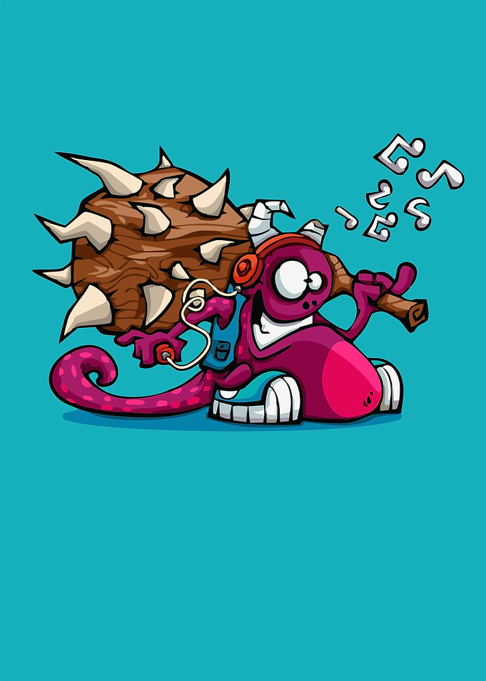 Cartoon Monster Listening to Music