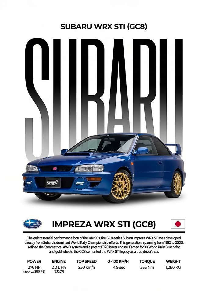 A vibrant Subaru Impreza STI GC8 Poster