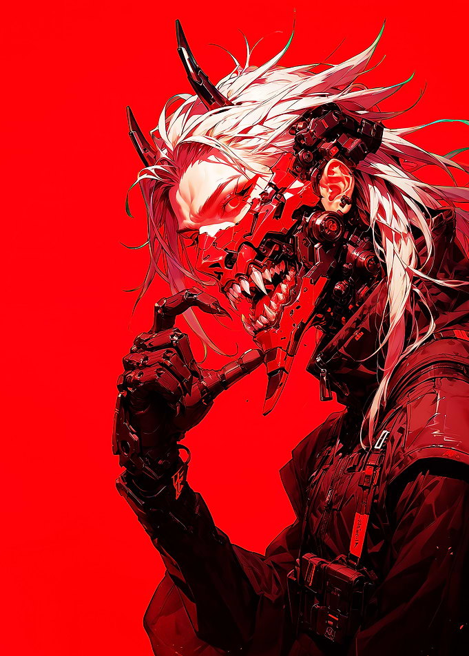 Cyberpunk Oni with Mechanical Mask