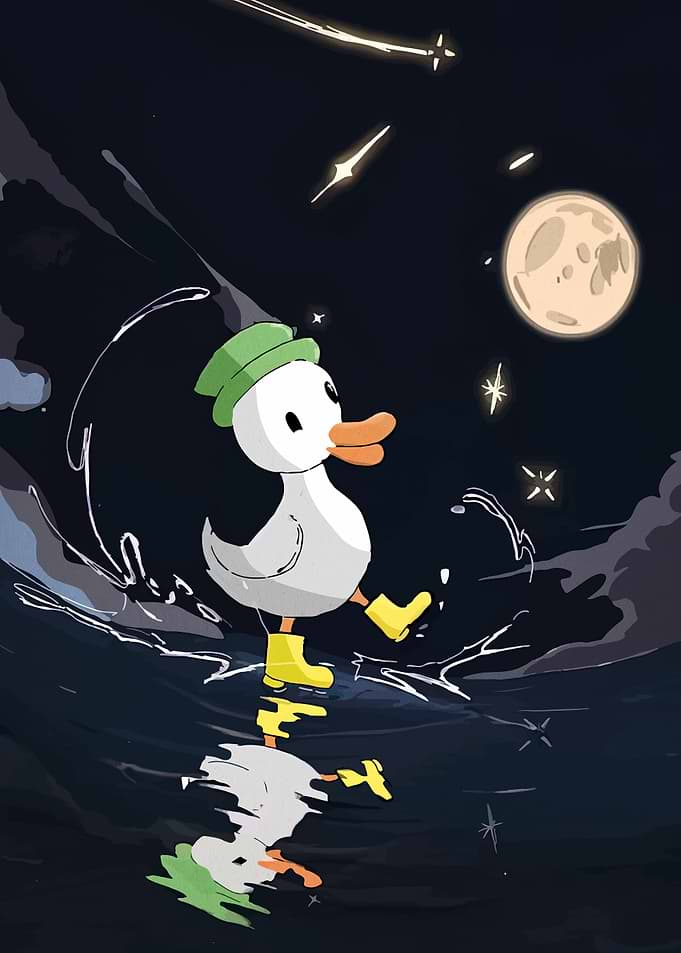 Cute Duck Walking Under the Moon