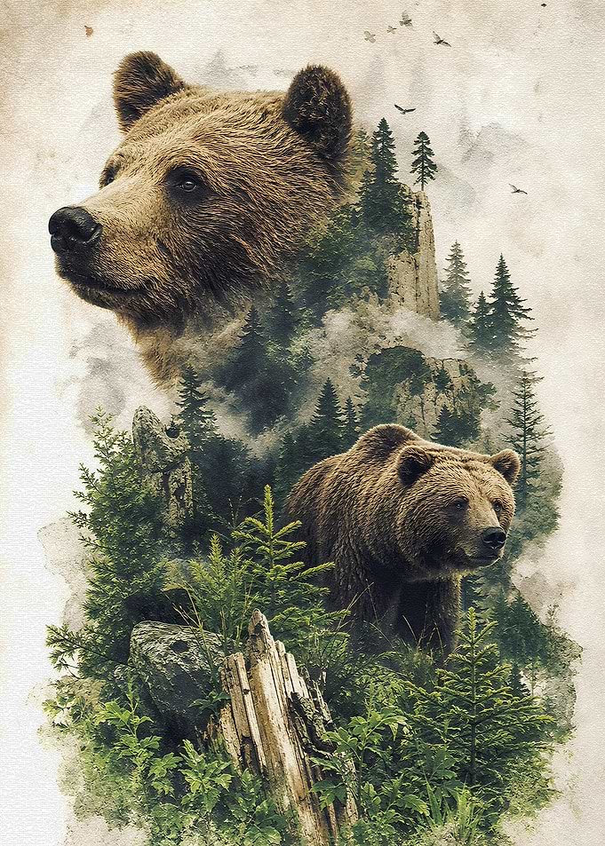 Double Exposure Bears in Forest