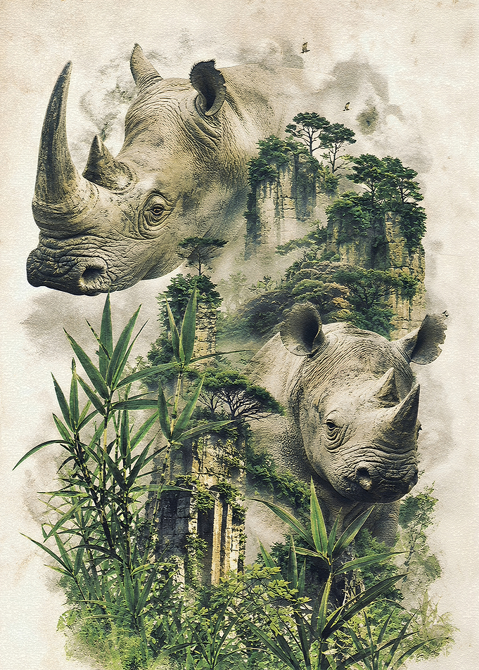 Rhinos in a Misty Jungle Landscape