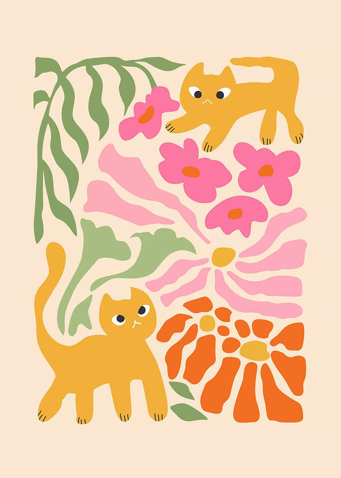 Cute Cats and Flowers Illustration