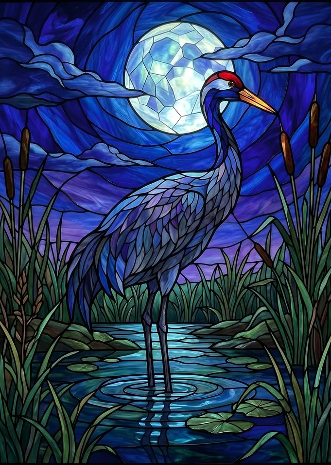 Stained Glass Crane by Moonlight