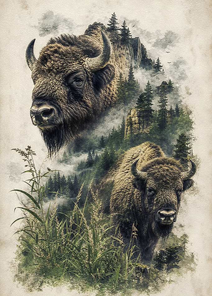 Bison and Mountain Landscape Double Exposure