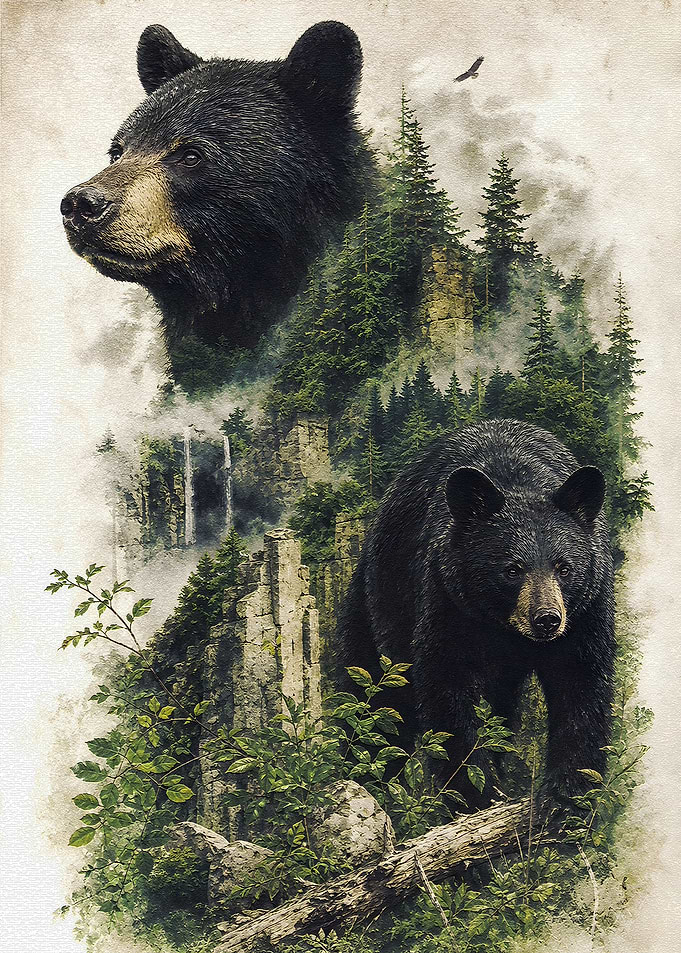 Black Bears in Misty Forest Ruins