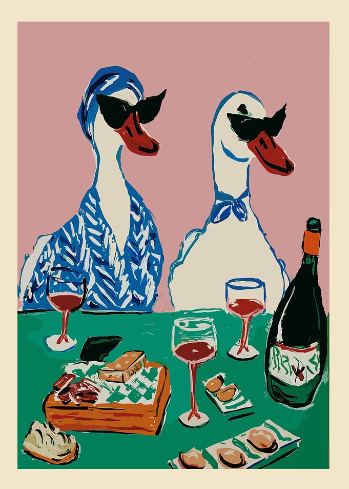 Ducks Enjoying Wine and Charcuterie