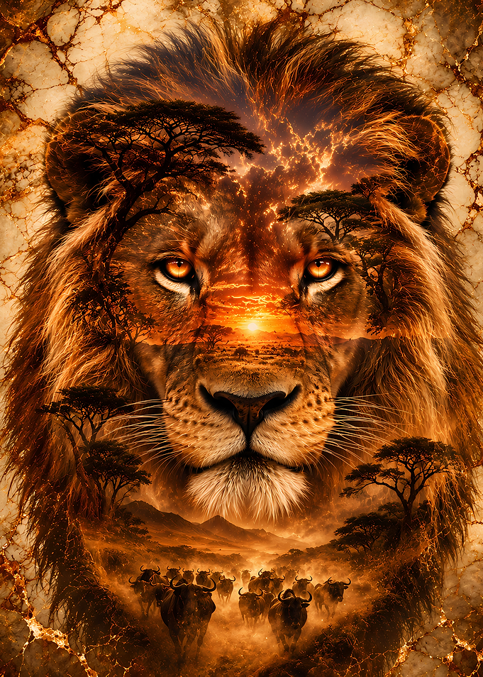 Lion with African Savannah Sunset
