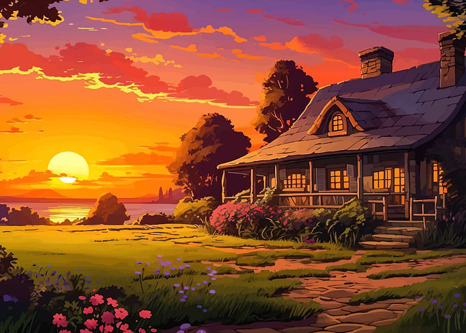 Sunset over a rustic cottage