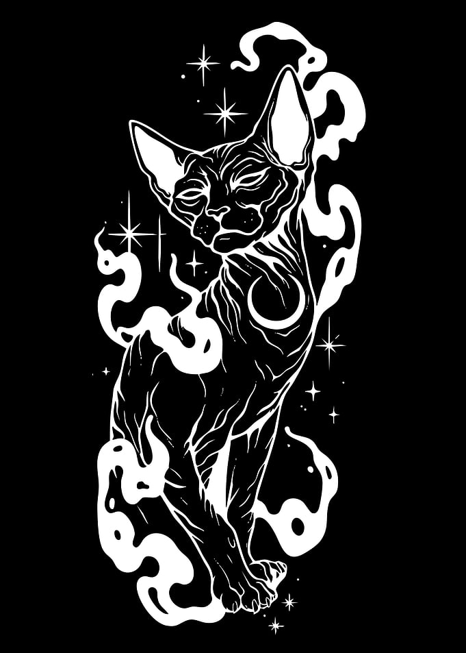 Mystical Sphynx Cat with Stars and Smoke
