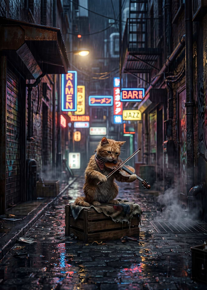 Cat playing violin in rainy alley