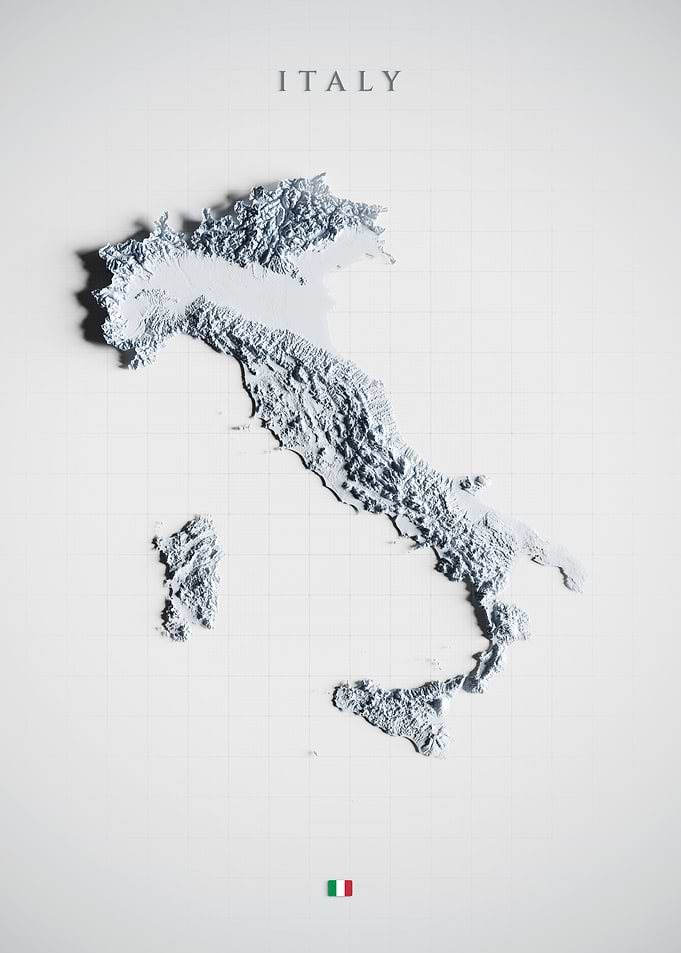 Italy Topographic Map - Light Shaded Relief, 3D Elevation Poster
