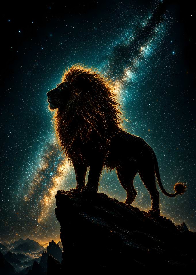 Lion on Cliff Under Stars