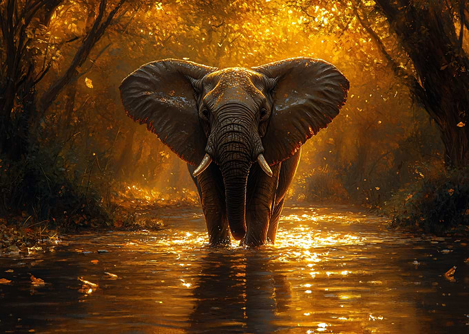 Elephant in Golden Forest Stream