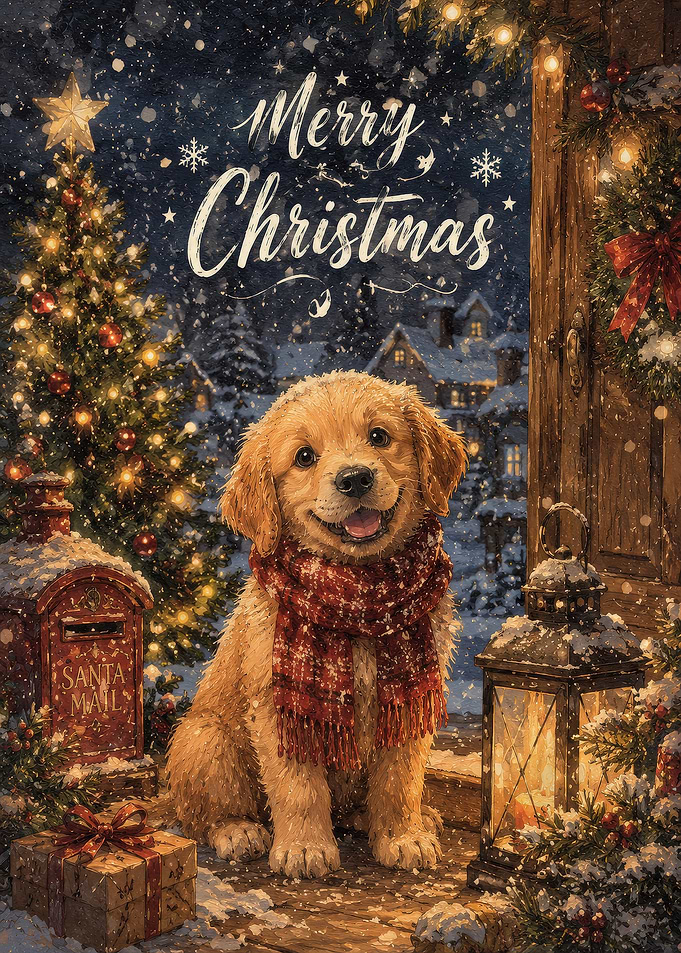 Cute Puppy with Merry Christmas Greeting