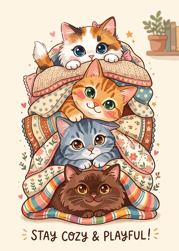 Four Cozy Kittens Under Blankets