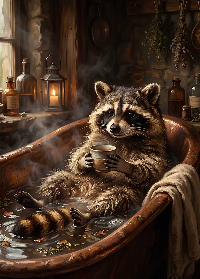 Raccoon enjoying a bath with tea