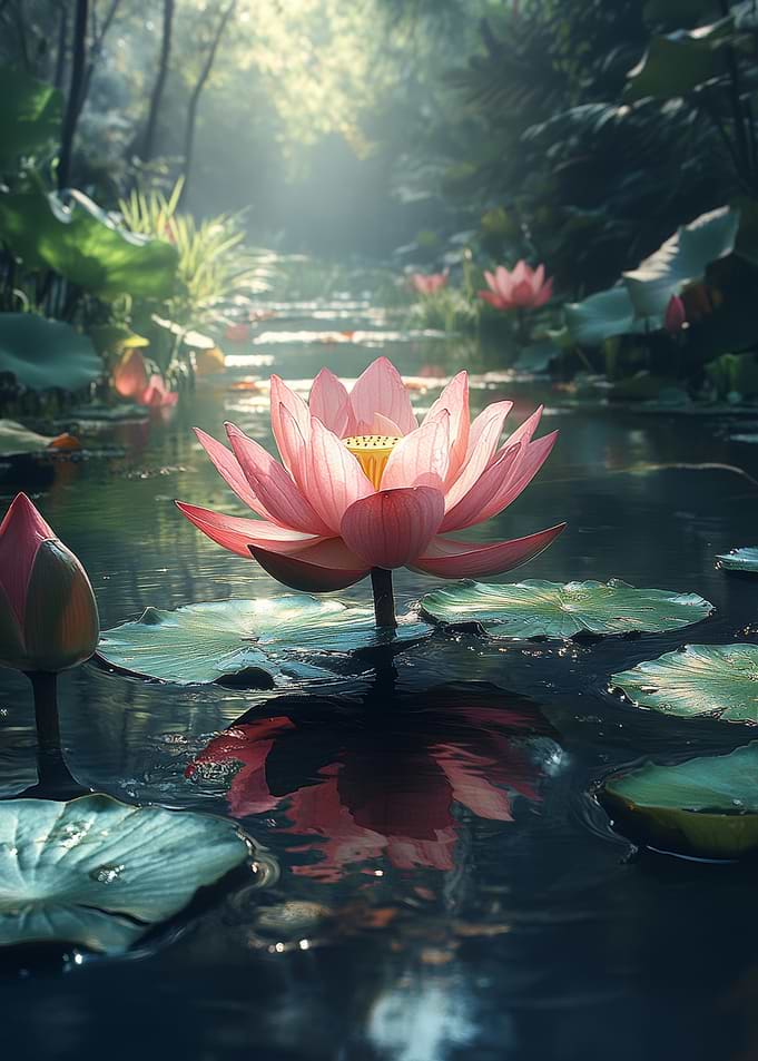 Serene Lotus Pond in Misty Forest