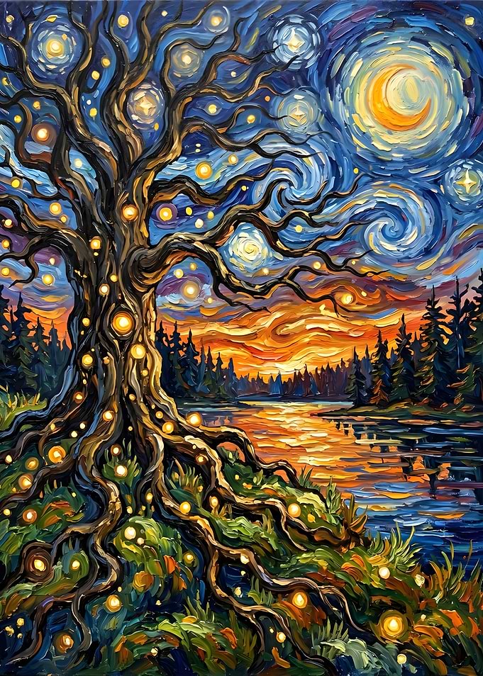 Enchanted Tree by a Starry Lake