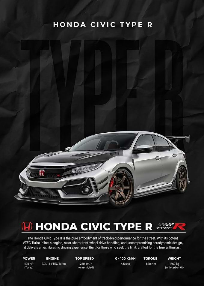 A sleek silver Honda Civic Type R Poster