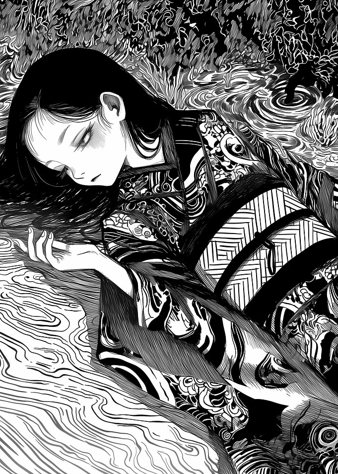 Melancholy Woman in Ornate Kimono by Water