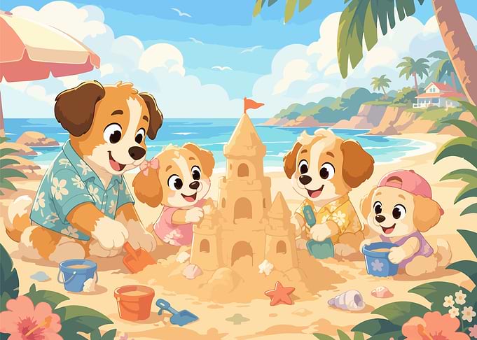 Puppies Building a Sandcastle on the Beach