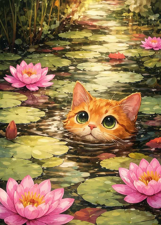Cute Cat in a Lily Pond