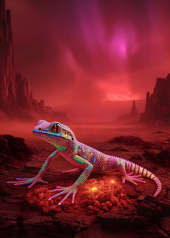 Vibrant Gecko on Alien Landscape